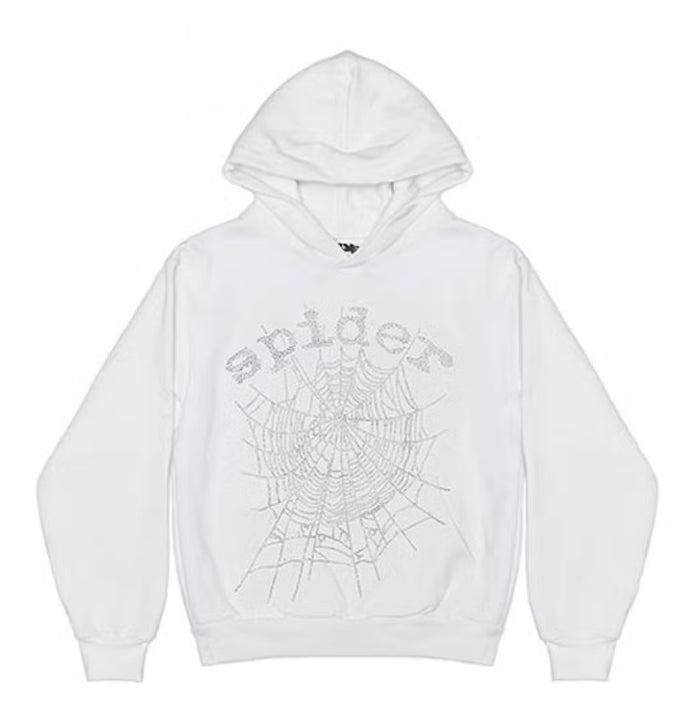 Sp5der OG Rhinestone Logo White Hoodie