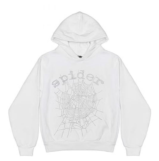 Sp5der OG Rhinestone Logo White Hoodie